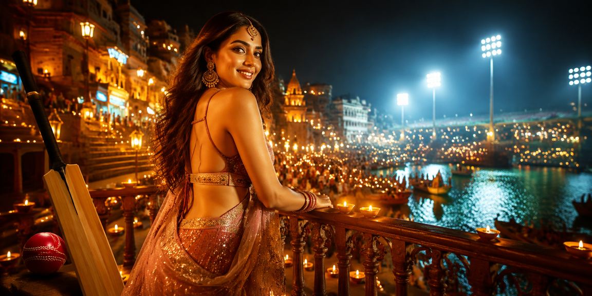Evening scene at Varanasi Ghat with cricket betting and Bollywood promotion